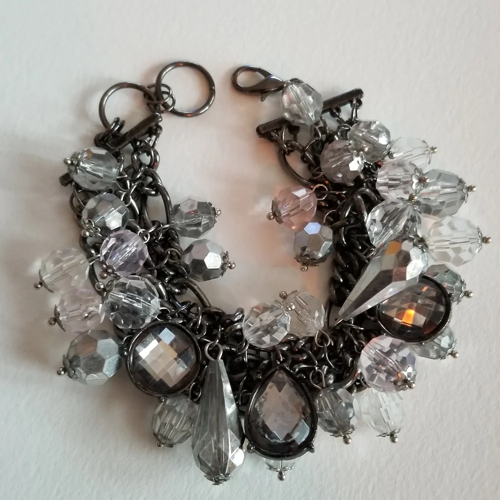Charm bracelet crystals dark silver tone metal